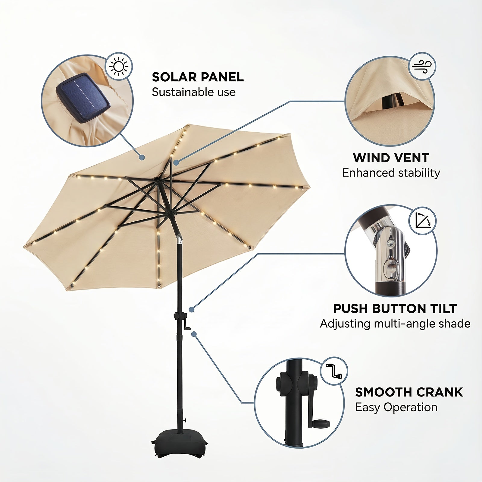 Solar 10ft Market Umbrella With Base, Deluxe 32 LED Lighted Patio Umbrella, Outdoor Table Umbrella With Ventilation, Solar Umbrella With Push Button Tilt\u002FCrank For Garden, Deck, Backyard, Pool