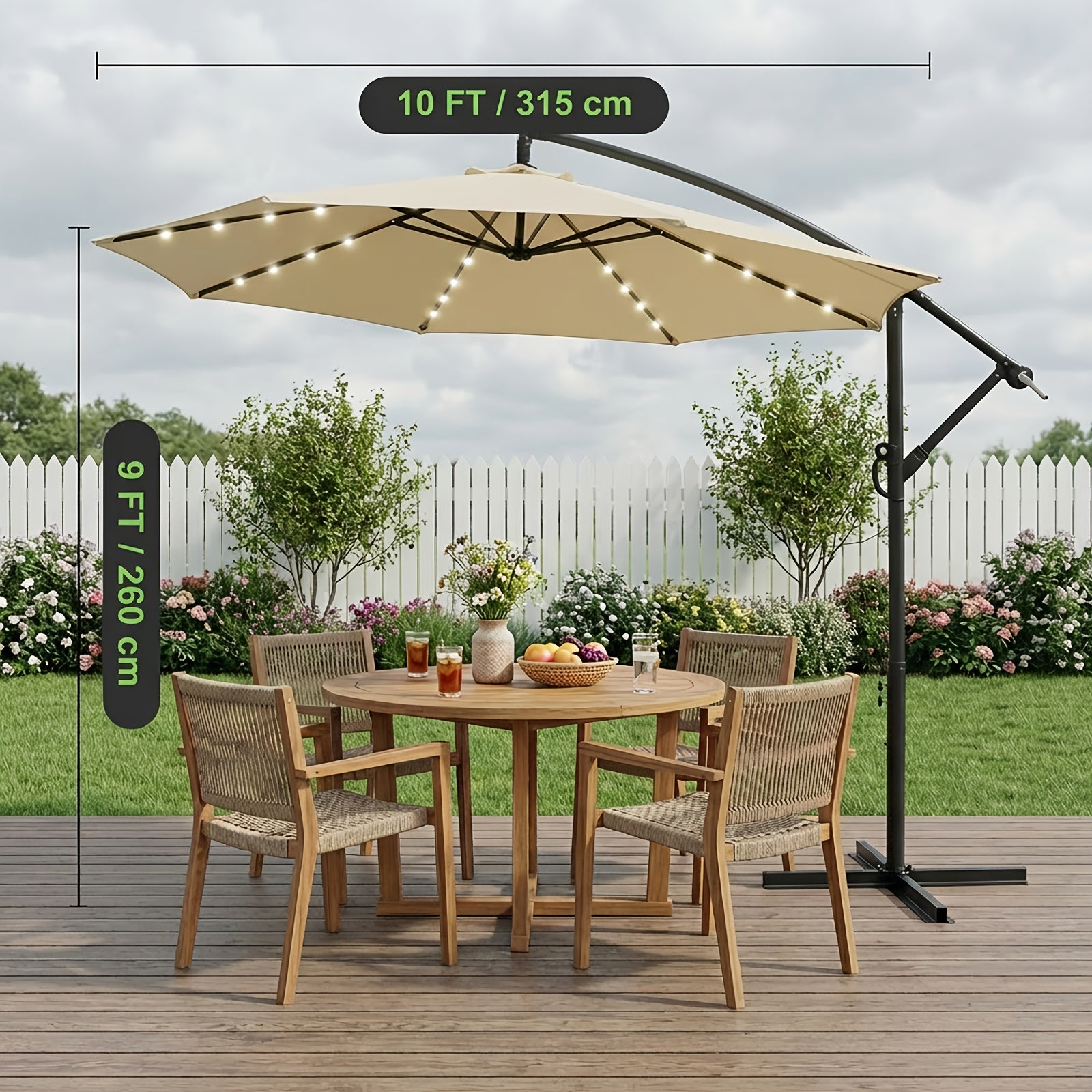 10ft Solar LED Offset Hanging Market Patio Umbrella for Backyard, Poolside, Lawn And Garden W\u002FEasy Tilt Adjustment, Polyester Shade, 8 Ribs