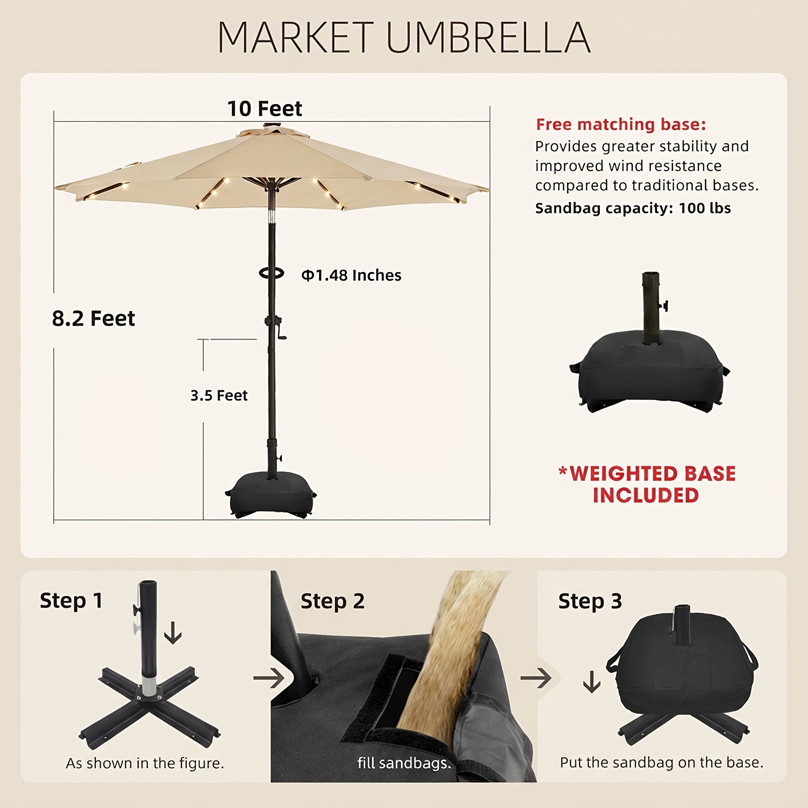 Solar 10ft Market Umbrella With Base, Deluxe 32 LED Lighted Patio Umbrella, Outdoor Table Umbrella With Ventilation, Solar Umbrella With Push Button Tilt\u002FCrank For Garden, Deck, Backyard, Pool