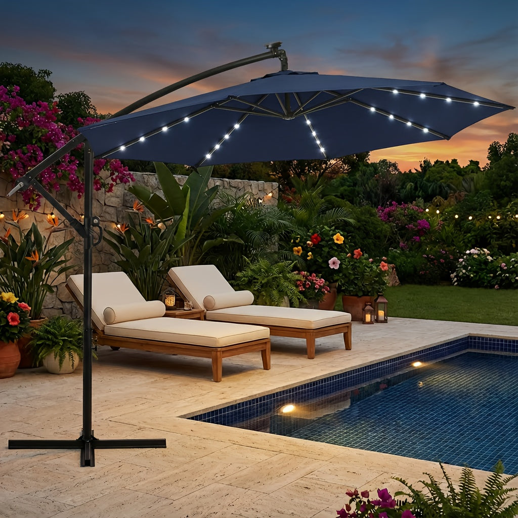 10ft Solar LED Offset Hanging Market Patio Umbrella for Backyard, Poolside, Lawn And Garden W\u002FEasy Tilt Adjustment, Polyester Shade, 8 Ribs