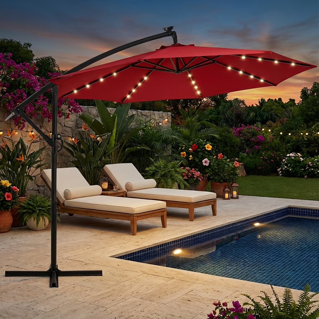10ft Solar LED Offset Hanging Market Patio Umbrella for Backyard, Poolside, Lawn And Garden W\u002FEasy Tilt Adjustment, Polyester Shade, 8 Ribs