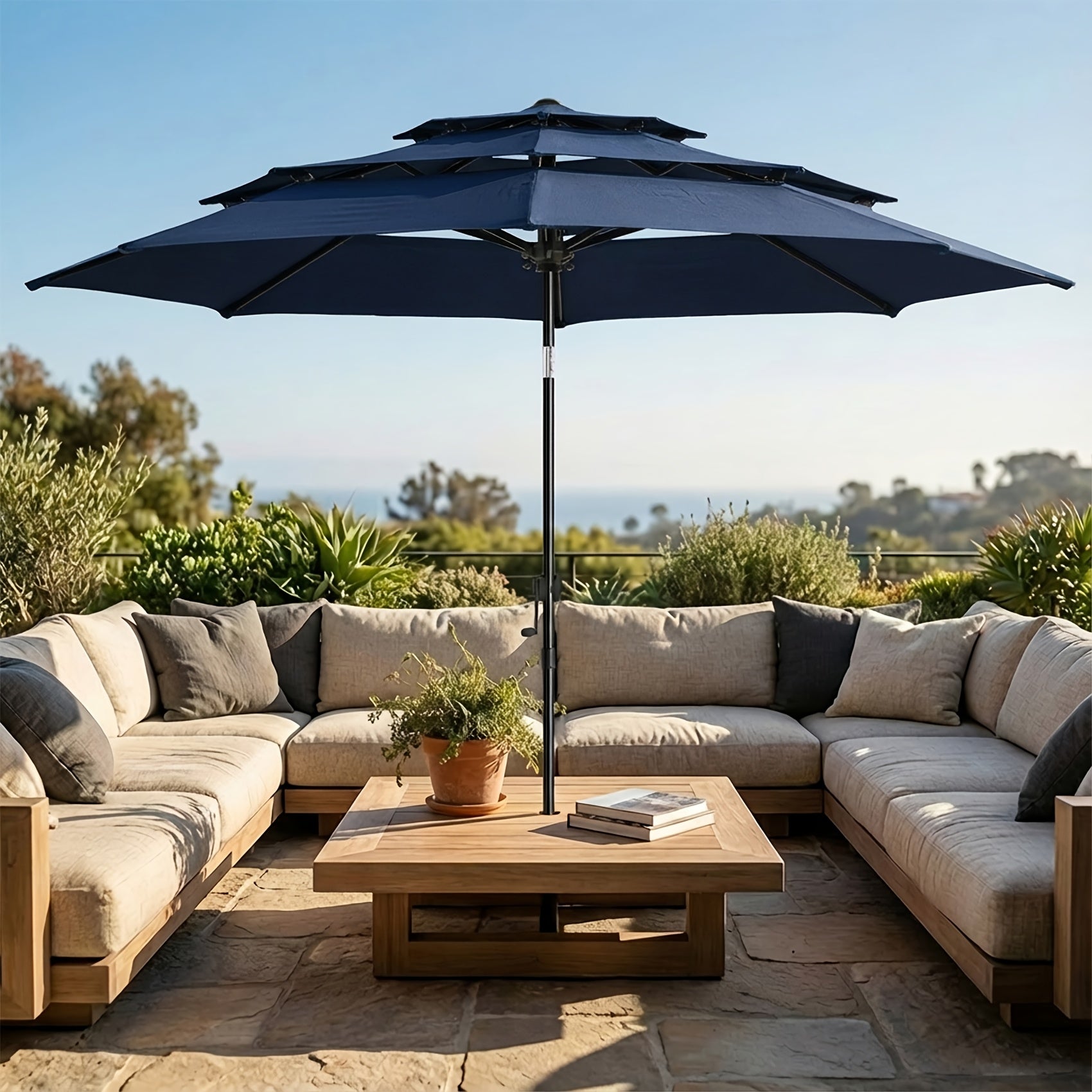 10ft 3 Tiers Market Umbrella, Patio Umbrella Outdoor Table Umbrella with Ventilation, Outdoor Umbrella for Patio, Pool Umbrella, Polyester Canopy, Suitable for Patio, Pool, Garden, Backyard, Deck, Base Not Include