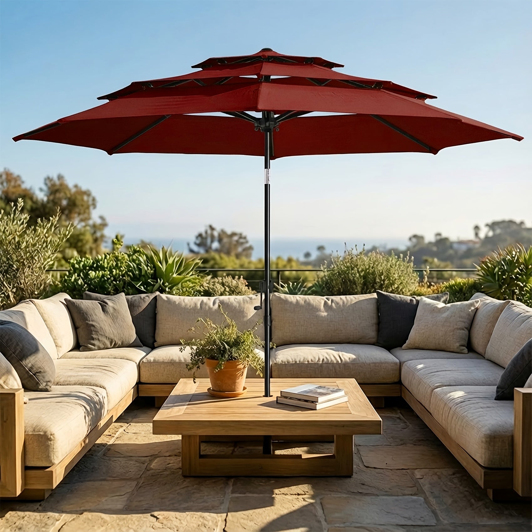 10ft 3 Tiers Market Umbrella, Patio Umbrella Outdoor Table Umbrella with Ventilation, Outdoor Umbrella for Patio, Pool Umbrella, Polyester Canopy, Suitable for Patio, Pool, Garden, Backyard, Deck, Base Not Include