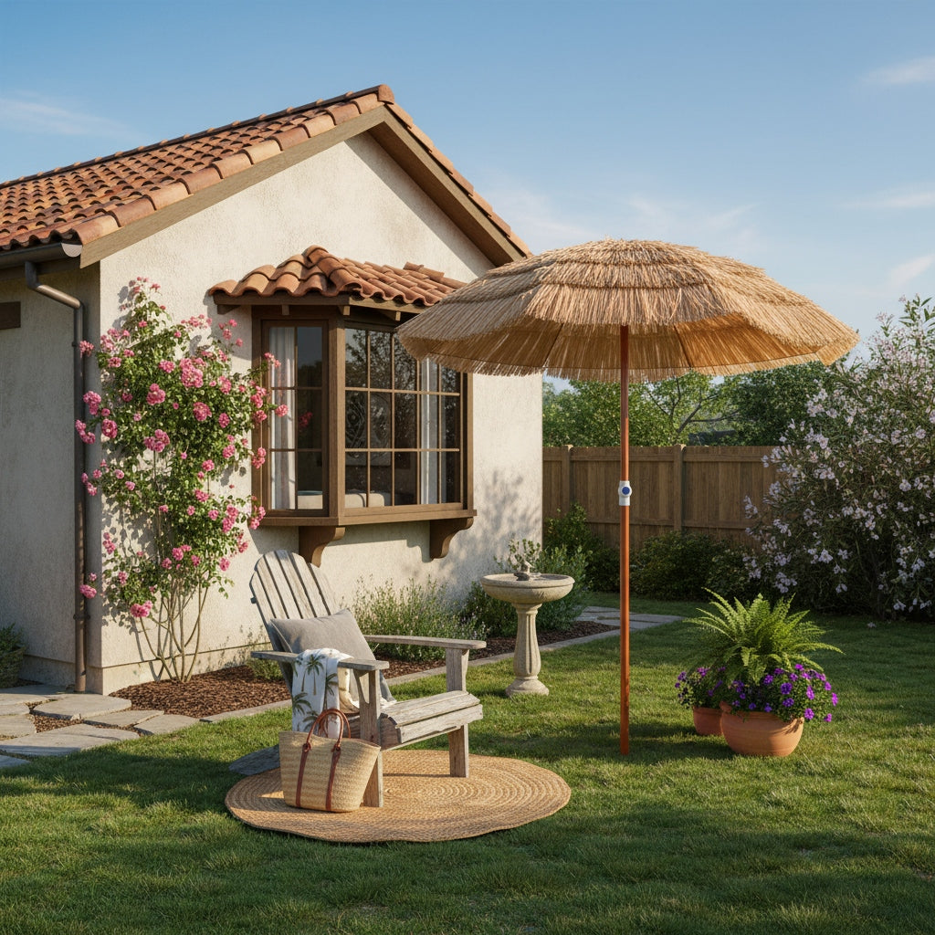 6ft Large Hawaiian Thatch Tiki Umbrella with Adjustable Height & Tilt, Portable Outdoor Beach Parasol - Heavy-Duty 8-Rib Frame, Canopy & Carry Bag, Easy Setup for Pool, Patio, Garden, for resorts, Bars, Markets - Thatch Roof Shade System