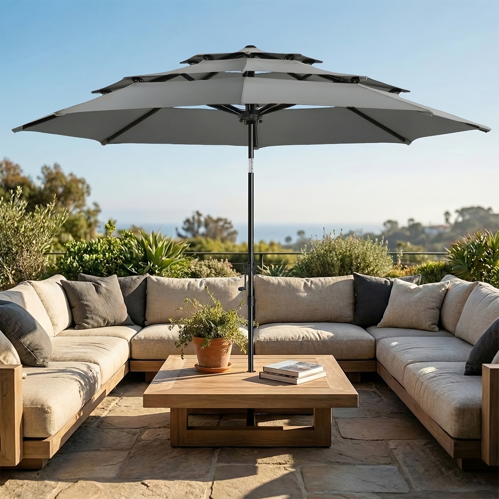 10ft 3 Tiers Market Umbrella, Patio Umbrella Outdoor Table Umbrella with Ventilation, Outdoor Umbrella for Patio, Pool Umbrella, Polyester Canopy, Suitable for Patio, Pool, Garden, Backyard, Deck, Base Not Include