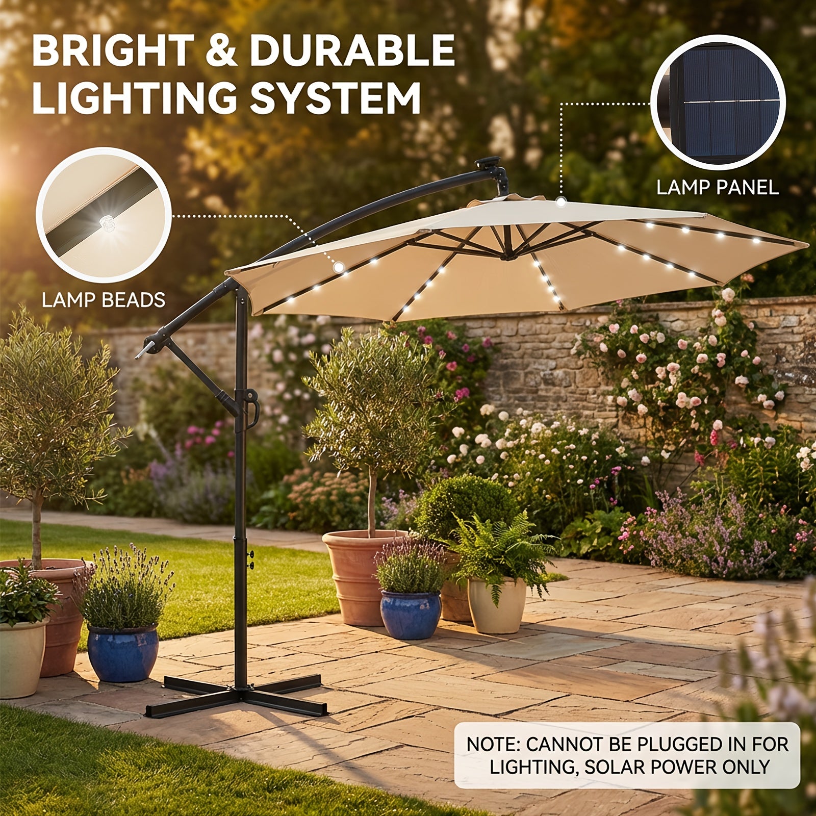 10ft Solar LED Offset Hanging Market Patio Umbrella for Backyard, Poolside, Lawn And Garden W\u002FEasy Tilt Adjustment, Polyester Shade, 8 Ribs