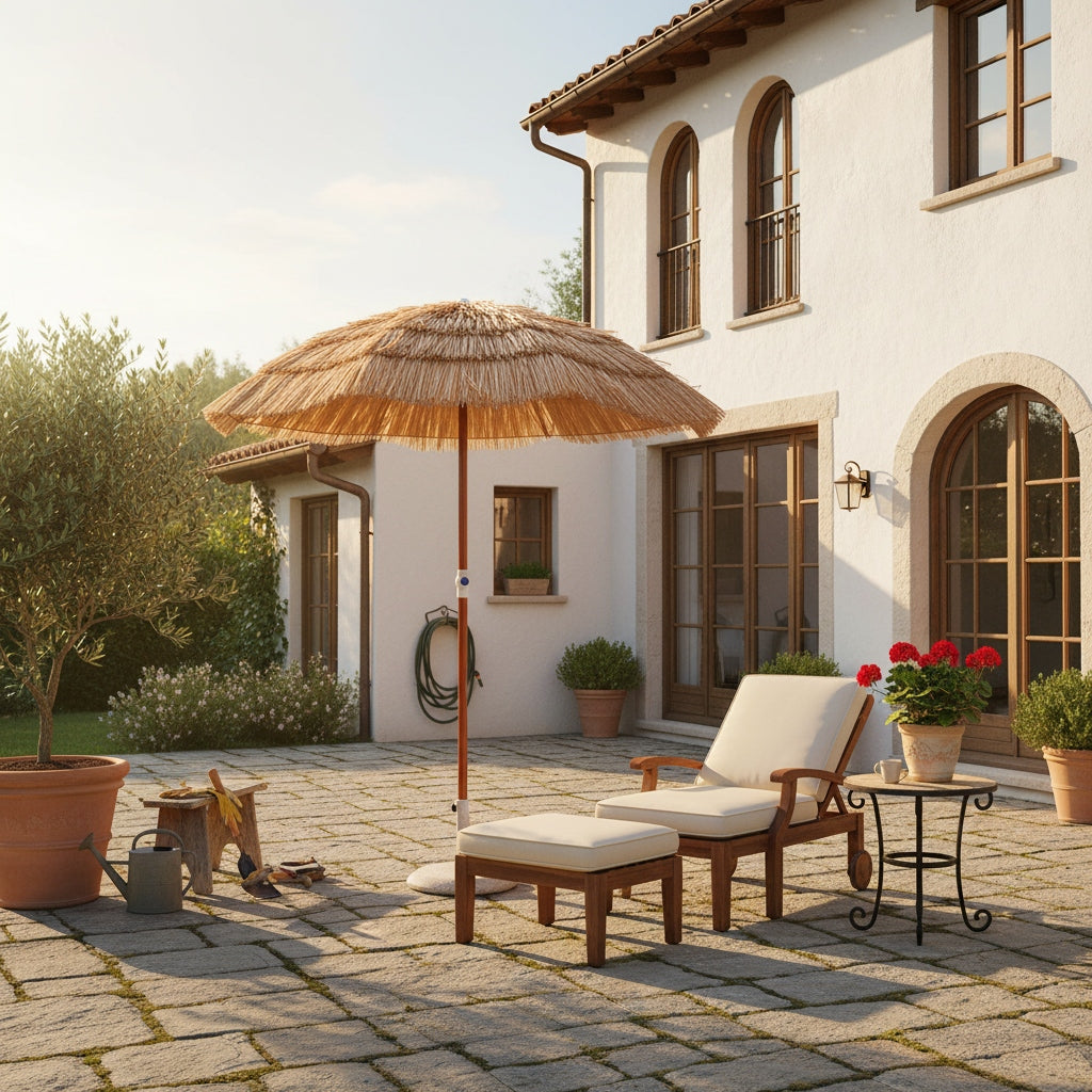 6ft Large Hawaiian Thatch Tiki Umbrella with Adjustable Height & Tilt, Portable Outdoor Beach Parasol - Heavy-Duty 8-Rib Frame, Canopy & Carry Bag, Easy Setup for Pool, Patio, Garden, for resorts, Bars, Markets - Thatch Roof Shade System