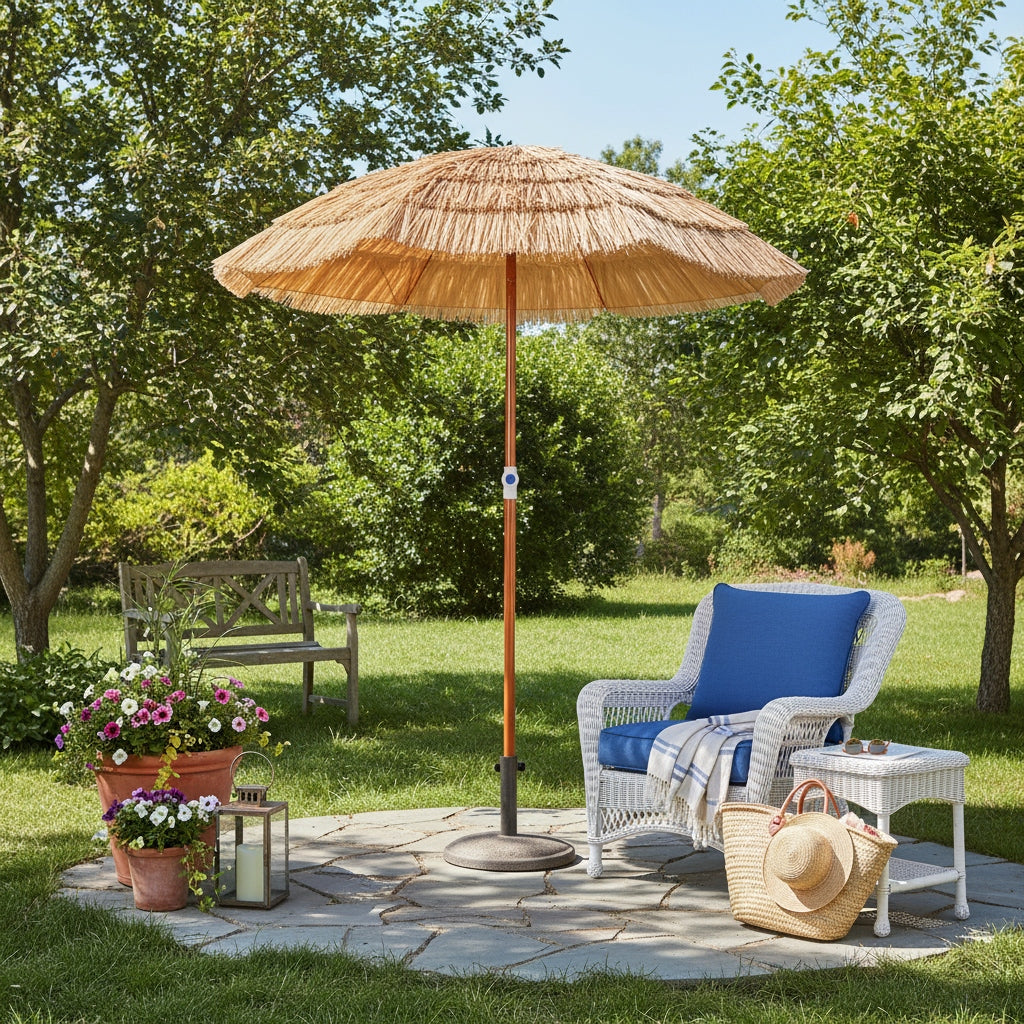 6ft Large Hawaiian Thatch Tiki Umbrella with Adjustable Height & Tilt, Portable Outdoor Beach Parasol - Heavy-Duty 8-Rib Frame, Canopy & Carry Bag, Easy Setup for Pool, Patio, Garden, for resorts, Bars, Markets - Thatch Roof Shade System