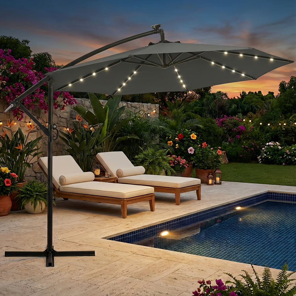 10ft Solar LED Offset Hanging Market Patio Umbrella for Backyard, Poolside, Lawn And Garden W\u002FEasy Tilt Adjustment, Polyester Shade, 8 Ribs