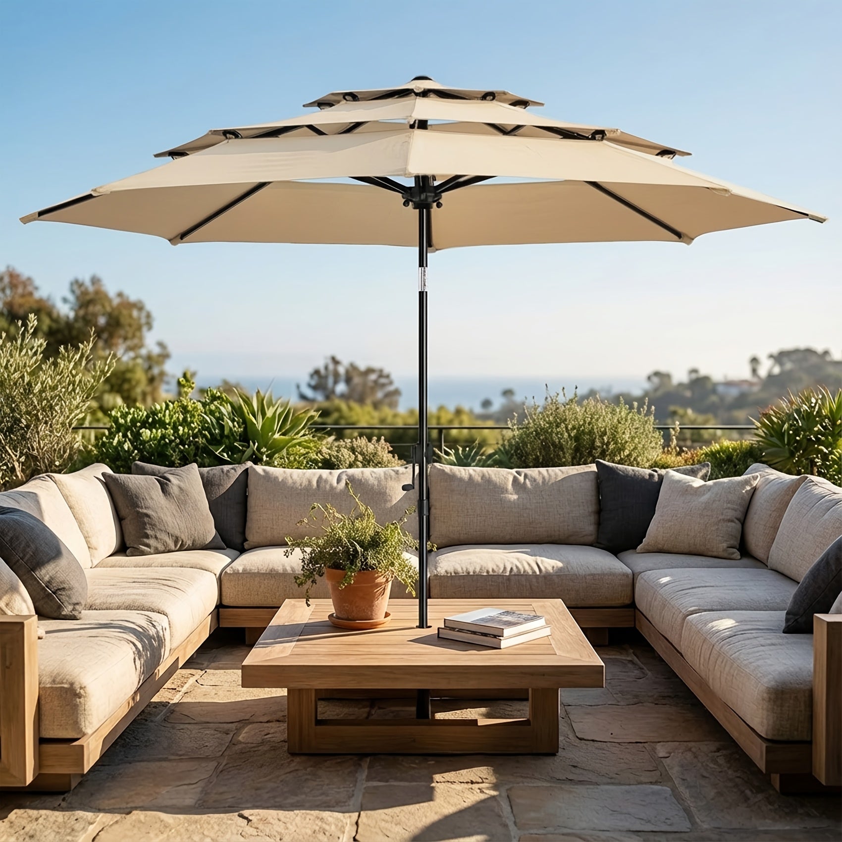 10ft 3 Tiers Market Umbrella, Patio Umbrella Outdoor Table Umbrella with Ventilation, Outdoor Umbrella for Patio, Pool Umbrella, Polyester Canopy, Suitable for Patio, Pool, Garden, Backyard, Deck, Base Not Include