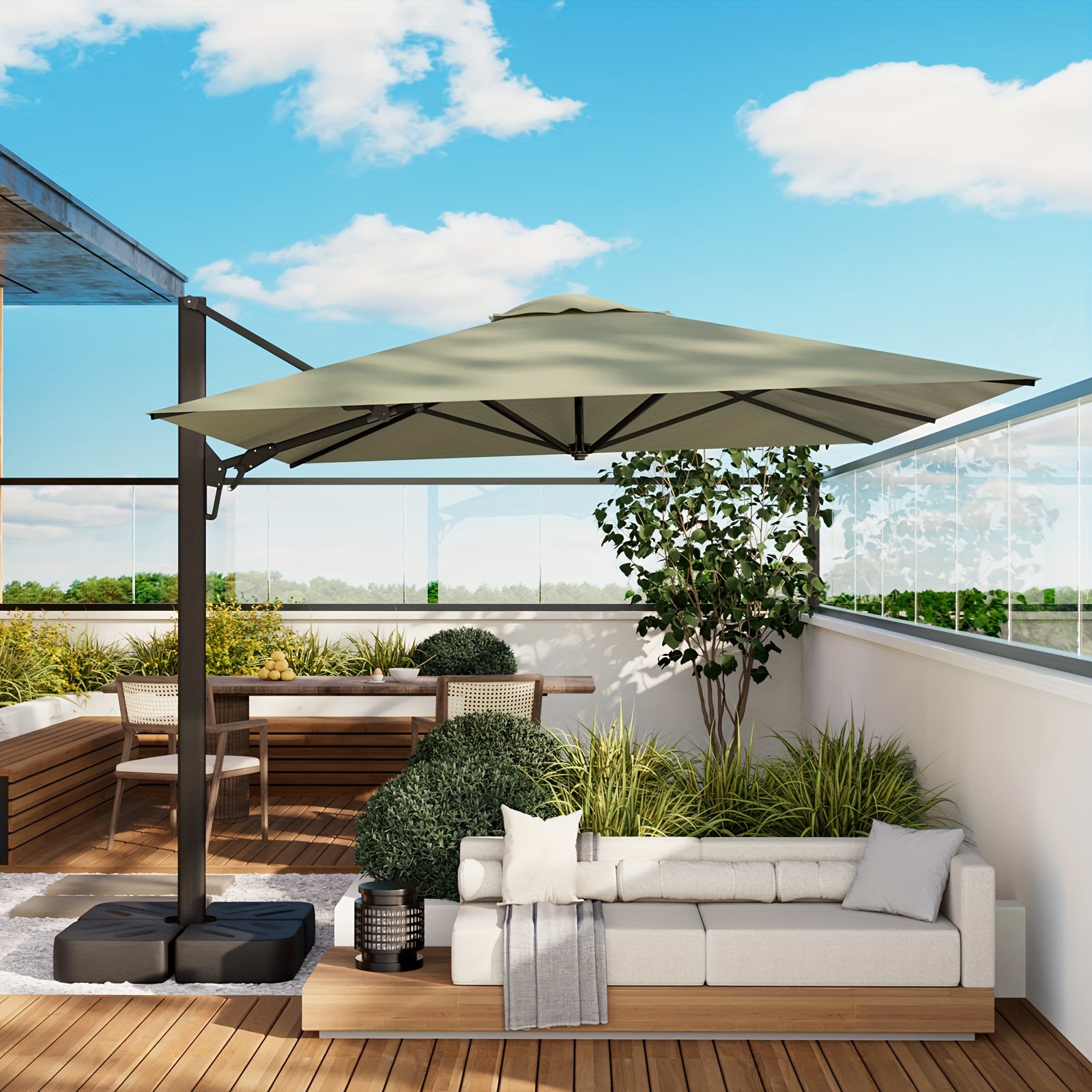 1pc Large 10ft Cantilever Patio Umbrella with & Heavy-Duty Windproof Frame - Double Top Outdoor Umbrella Suitable for Pool, Garden, Hotel - Manual Tilt & 360° Swivel, Modern (Grey\u002F\u002FTaupe\u002FTan)