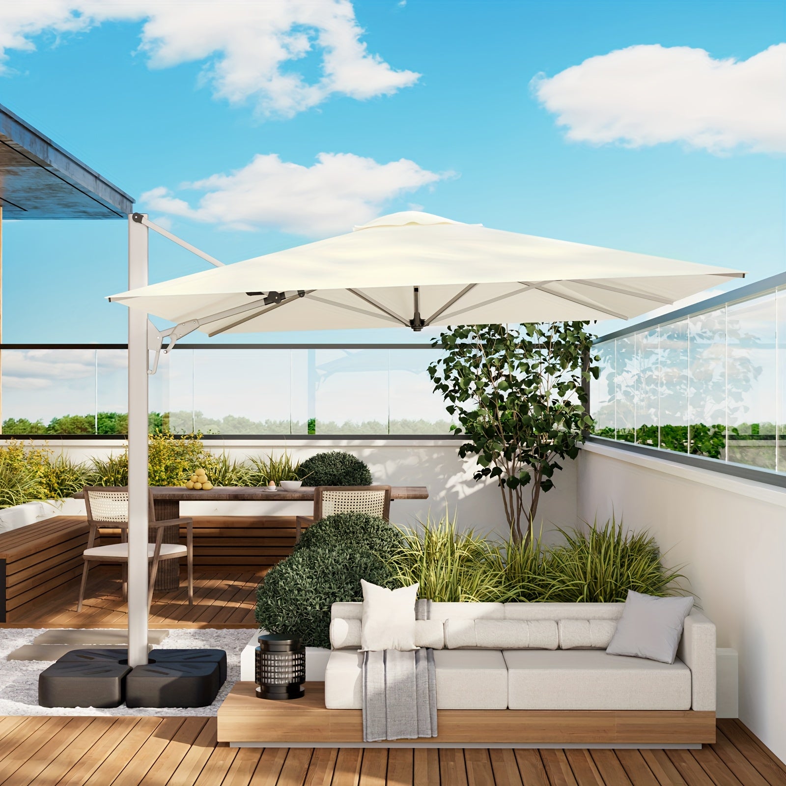 1pc Large 10ft Cantilever Patio Umbrella with & Heavy-Duty Windproof Frame - Double Top Outdoor Umbrella Suitable for Pool, Garden, Hotel - Manual Tilt & 360° Swivel, Modern (Grey\u002F\u002FTaupe\u002FTan)