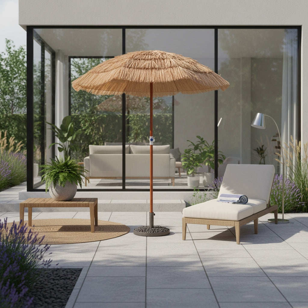 6ft Large Hawaiian Thatch Tiki Umbrella with Adjustable Height & Tilt, Portable Outdoor Beach Parasol - Heavy-Duty 8-Rib Frame, Canopy & Carry Bag, Easy Setup for Pool, Patio, Garden, for resorts, Bars, Markets - Thatch Roof Shade System