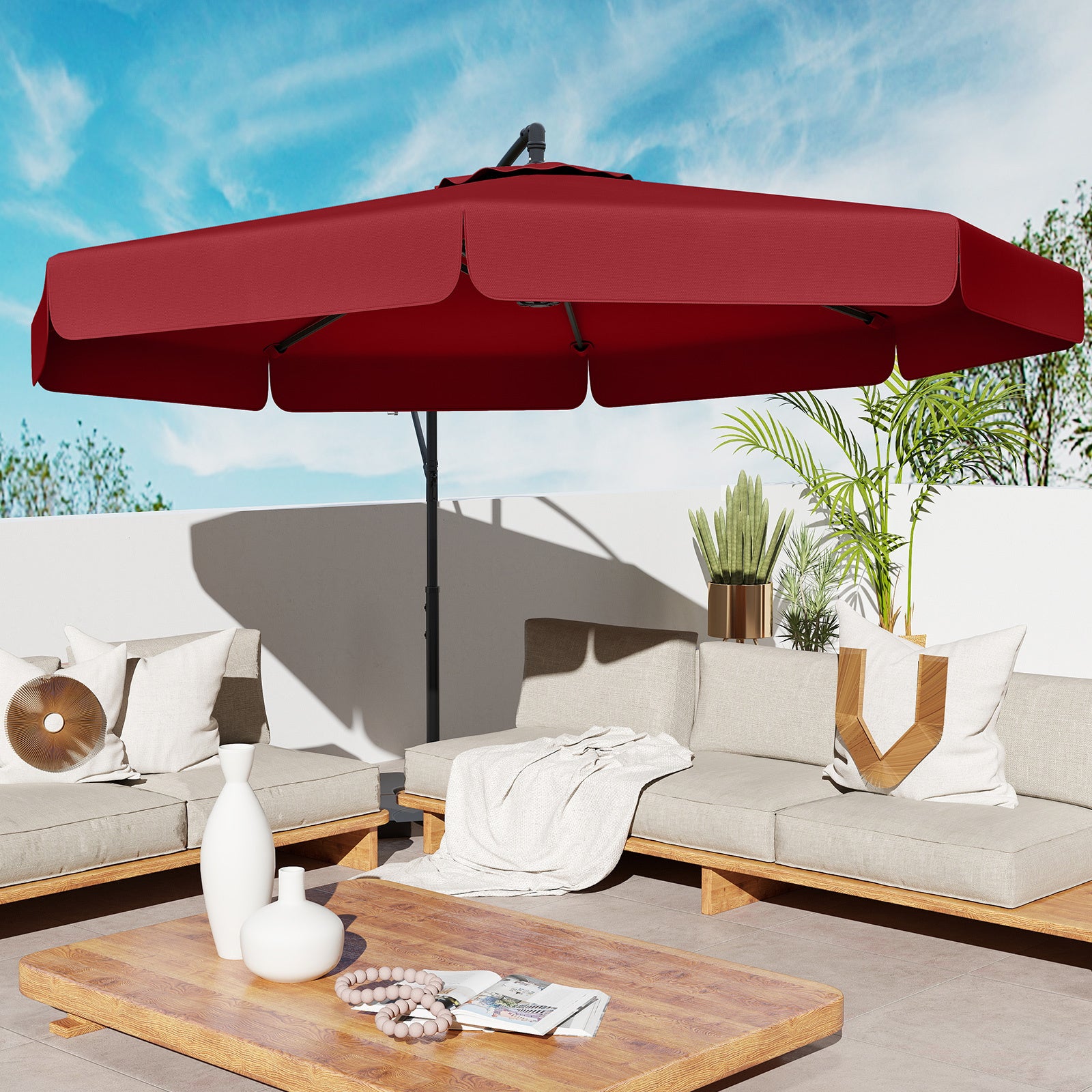 COSTWAY 10FT Offset Hanging Umbrella with Cover, Patio Cantilever Umbrella w\u002F Easy Tilt Adjustment, Crank, Ruffled Edge, 8 Ribs, Sun-Protective Canopy, Heavy-Duty Outdoor Parasol for Pool Garden Deck