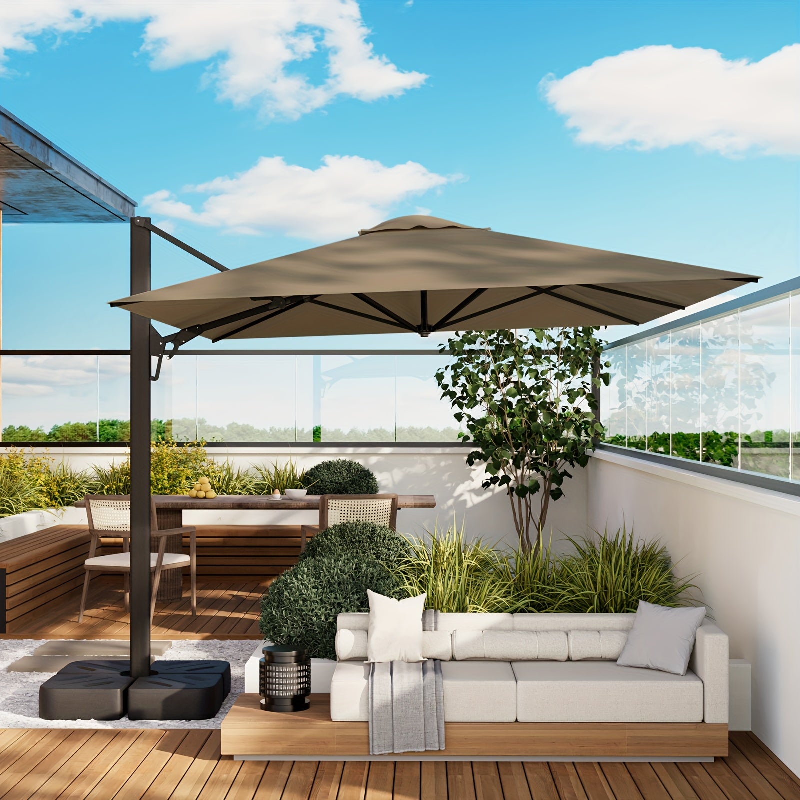 1pc Large 10ft Cantilever Patio Umbrella with & Heavy-Duty Windproof Frame - Double Top Outdoor Umbrella Suitable for Pool, Garden, Hotel - Manual Tilt & 360° Swivel, Modern (Grey\u002F\u002FTaupe\u002FTan)