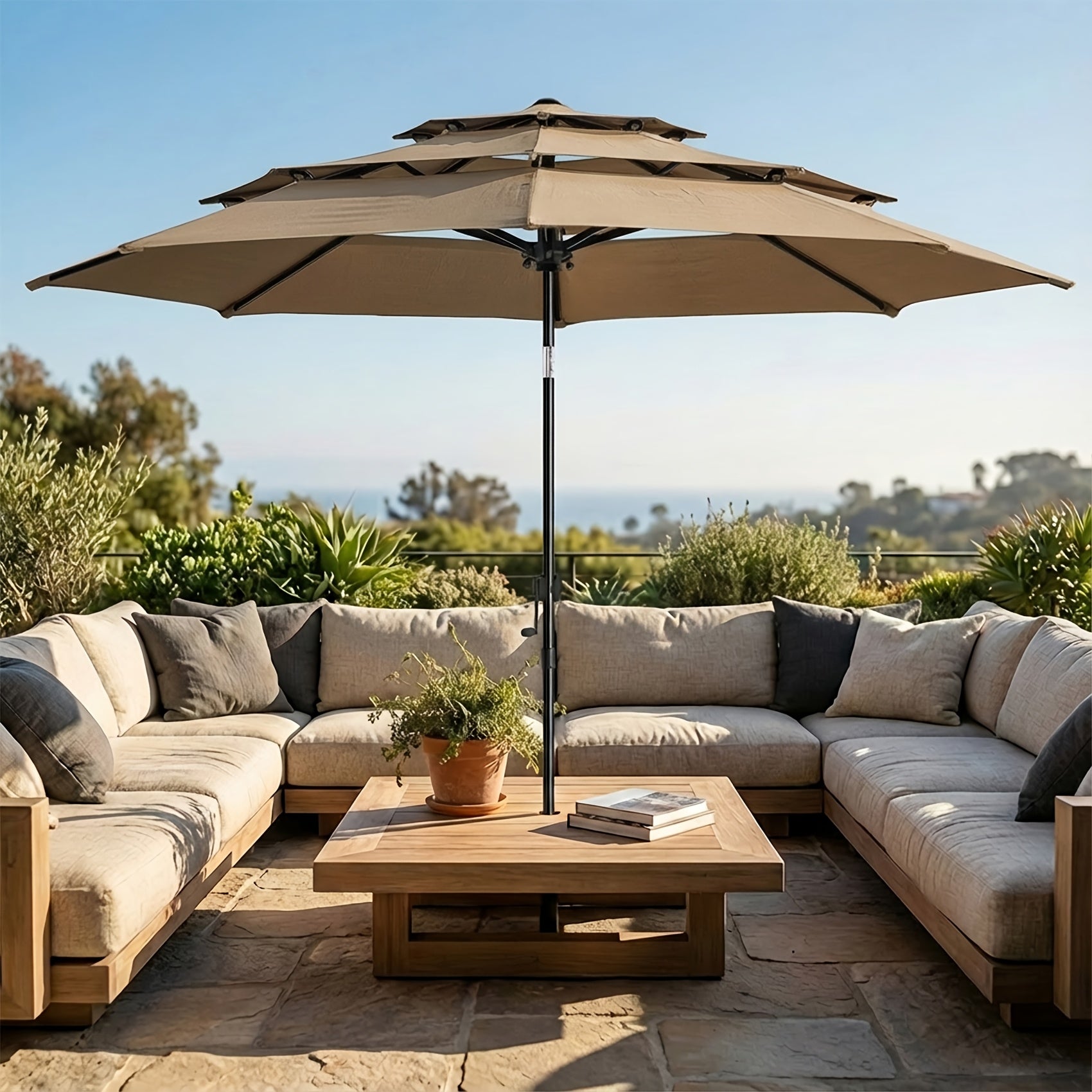 10ft 3 Tiers Market Umbrella, Patio Umbrella Outdoor Table Umbrella with Ventilation, Outdoor Umbrella for Patio, Pool Umbrella, Polyester Canopy, Suitable for Patio, Pool, Garden, Backyard, Deck, Base Not Include