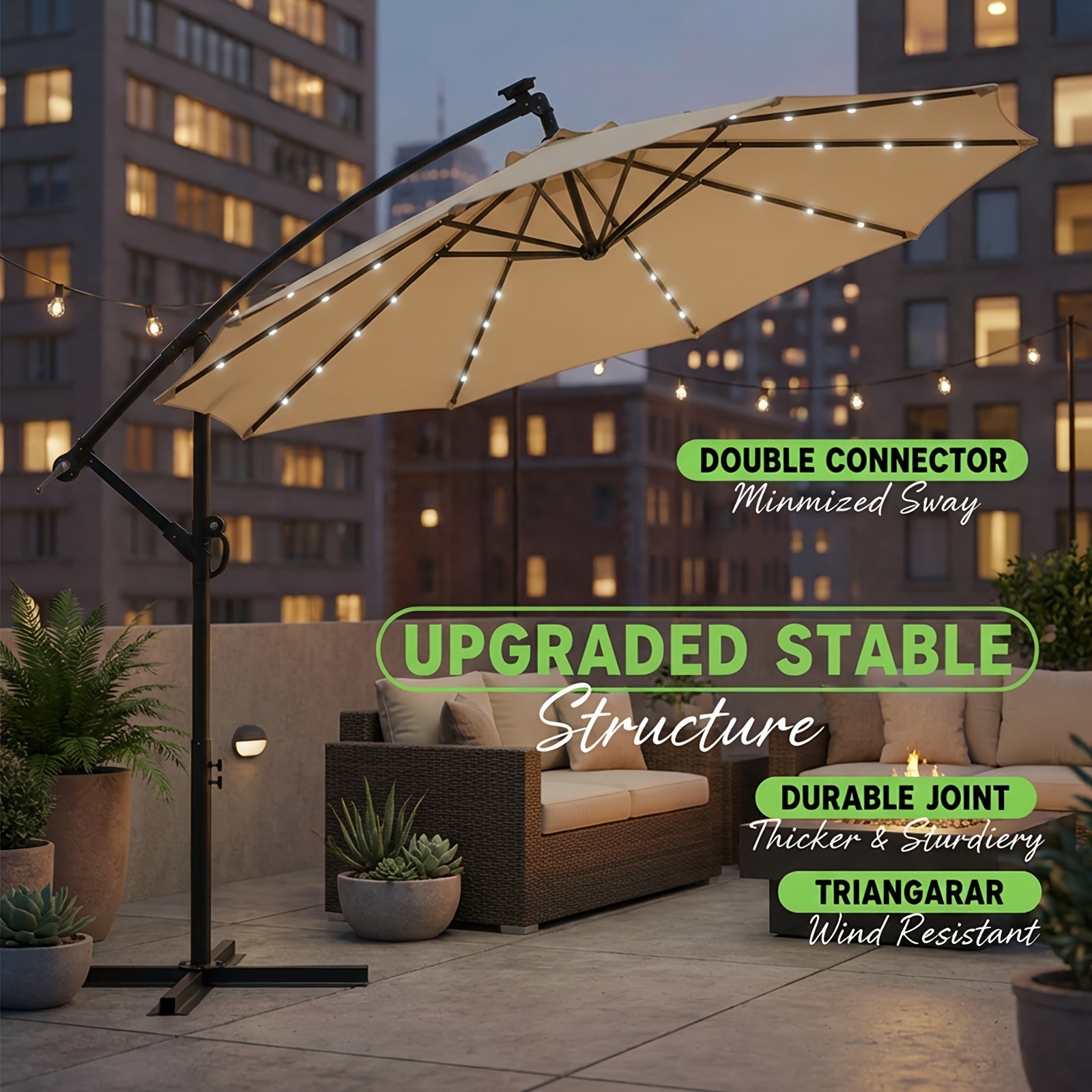 10ft Solar LED Offset Hanging Market Patio Umbrella for Backyard, Poolside, Lawn And Garden W\u002FEasy Tilt Adjustment, Polyester Shade, 8 Ribs