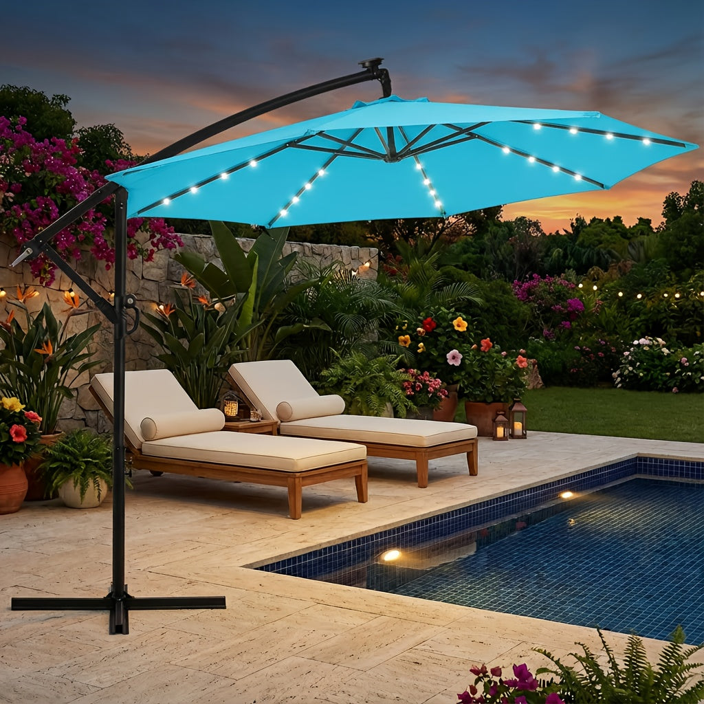 10ft Solar LED Offset Hanging Market Patio Umbrella for Backyard, Poolside, Lawn And Garden W\u002FEasy Tilt Adjustment, Polyester Shade, 8 Ribs