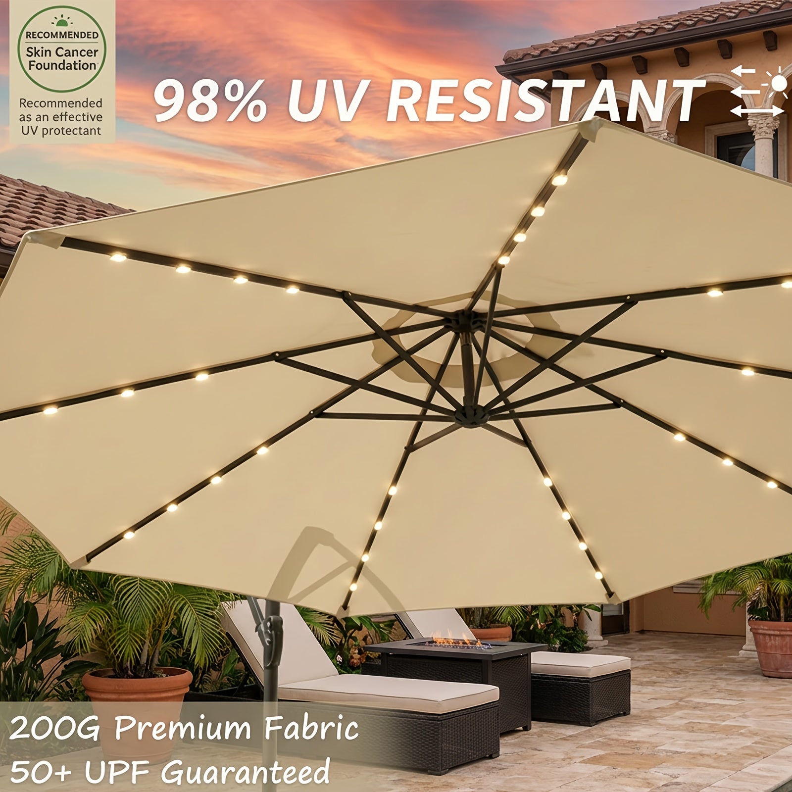 10ft Solar LED Offset Hanging Market Patio Umbrella for Backyard, Poolside, Lawn And Garden W\u002FEasy Tilt Adjustment, Polyester Shade, 8 Ribs