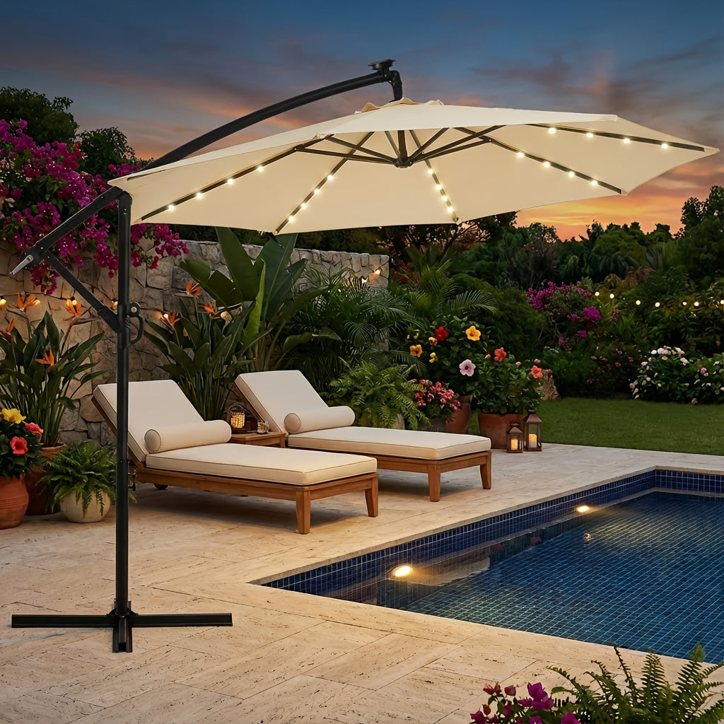10ft Solar LED Offset Hanging Market Patio Umbrella for Backyard, Poolside, Lawn And Garden W\u002FEasy Tilt Adjustment, Polyester Shade, 8 Ribs